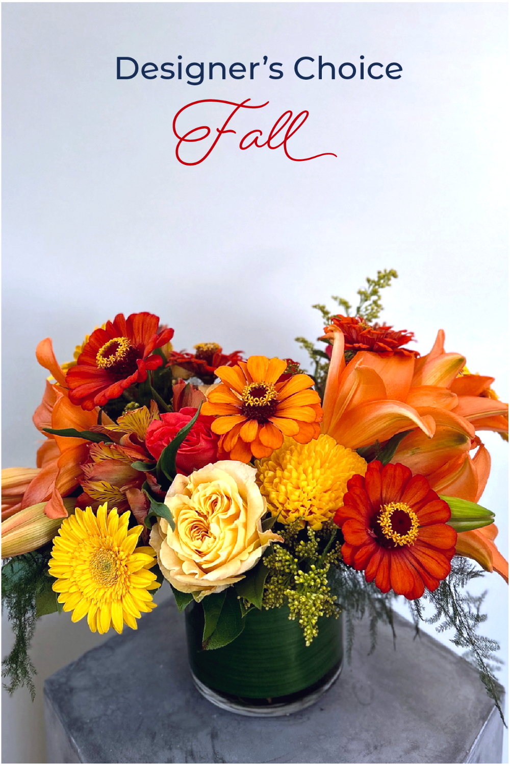 Bouquet of fall flowers with zinnias, lilies, roses, fall textures, modern shape for home or gift