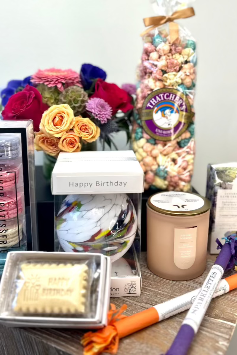 cookies, candle, hand creme, sparklers, glass orb, flowers, cookies-displayed-gift