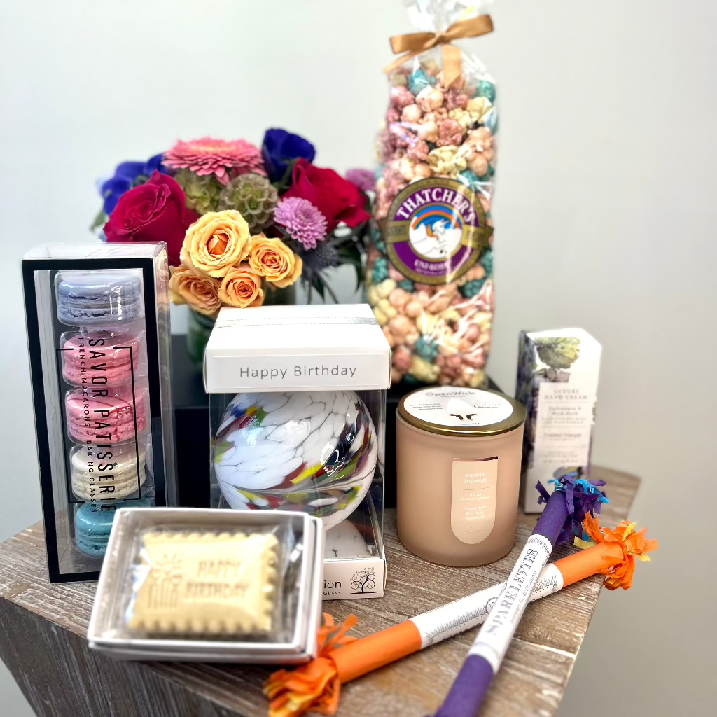 cookies, candle, hand creme, sparklers, glass orb, flowers, cookies-displayed-gift