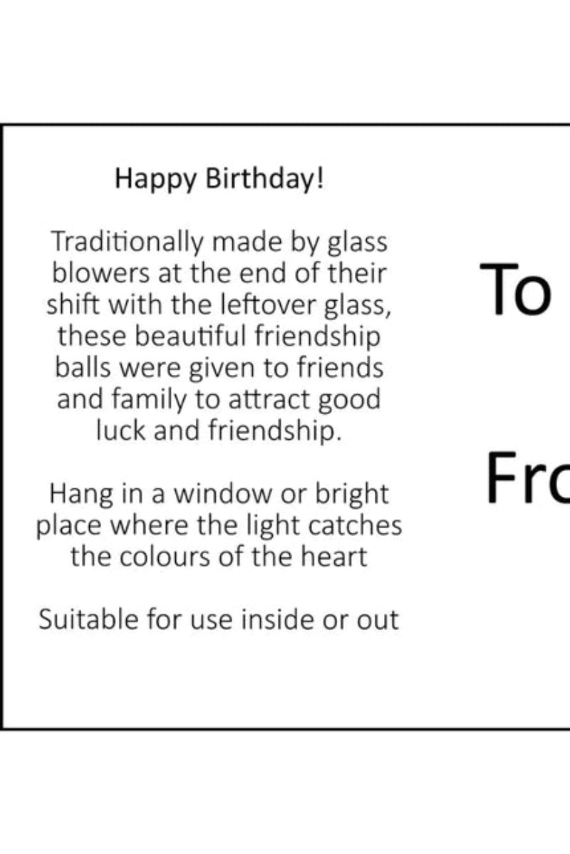 Birthday card with text about friendship balls and birthday wishes.