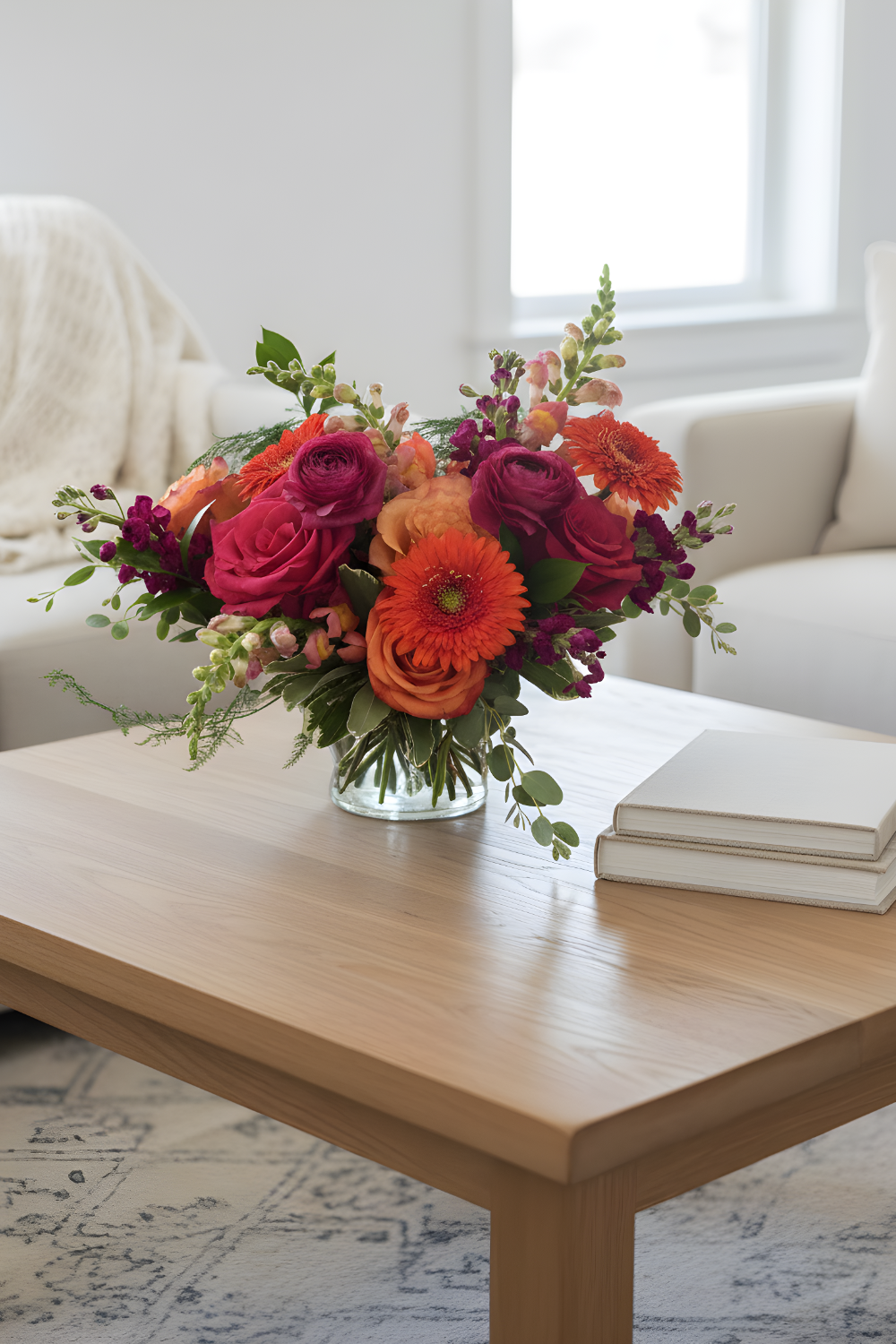 Bouquet of hot pink ranunculus, orange gerbera daisies, stock, snapdragons designed in a vase on a coffee table
