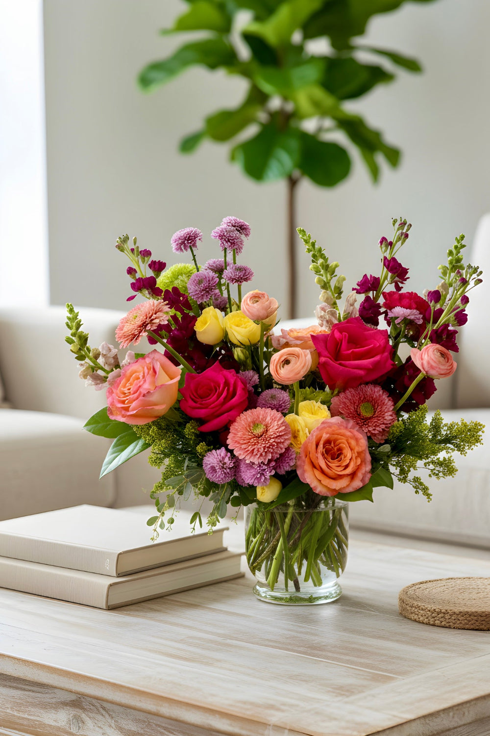 Bloomfetti Petite and Classic bouquets displayed together on a modern coffee table, showing size comparison and bright floral colors