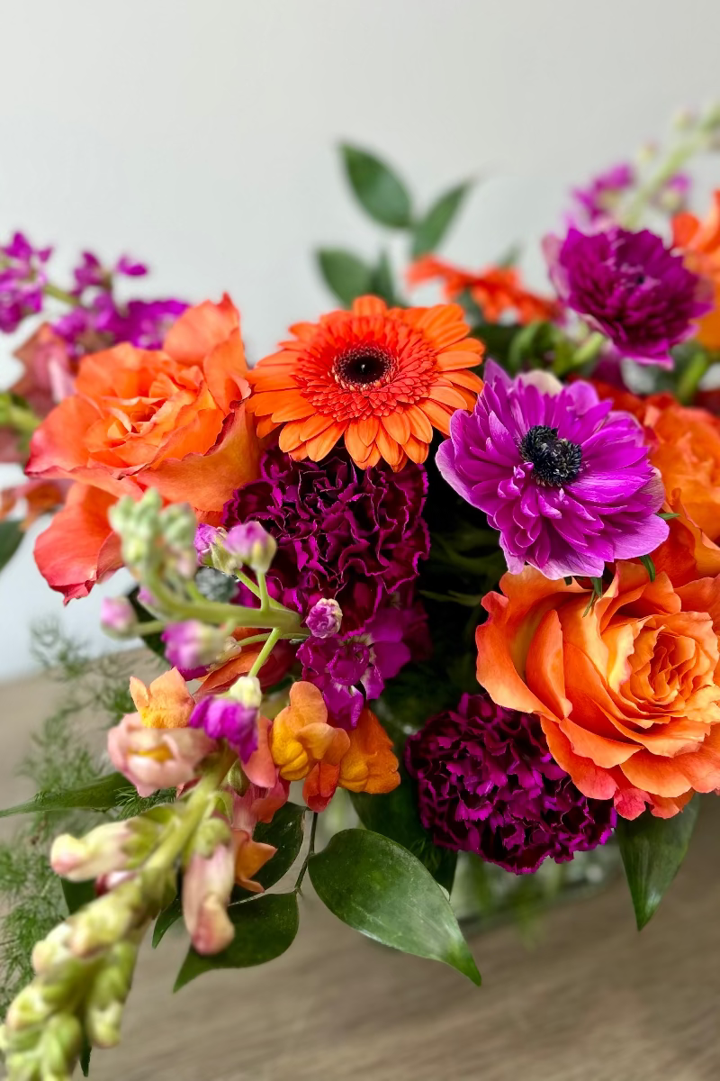 Bouquet of colorful flowers including orange, purple, and pink flowers with green leaves on a neutral background.