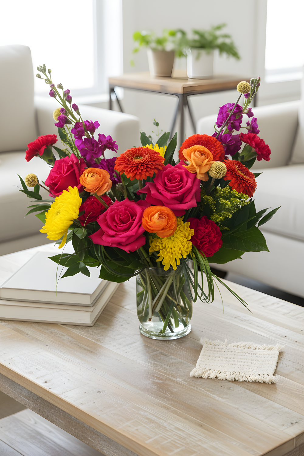  Classic Citrus Pop bouquet displayed on a coffee table with abundant, colorful spring blooms.