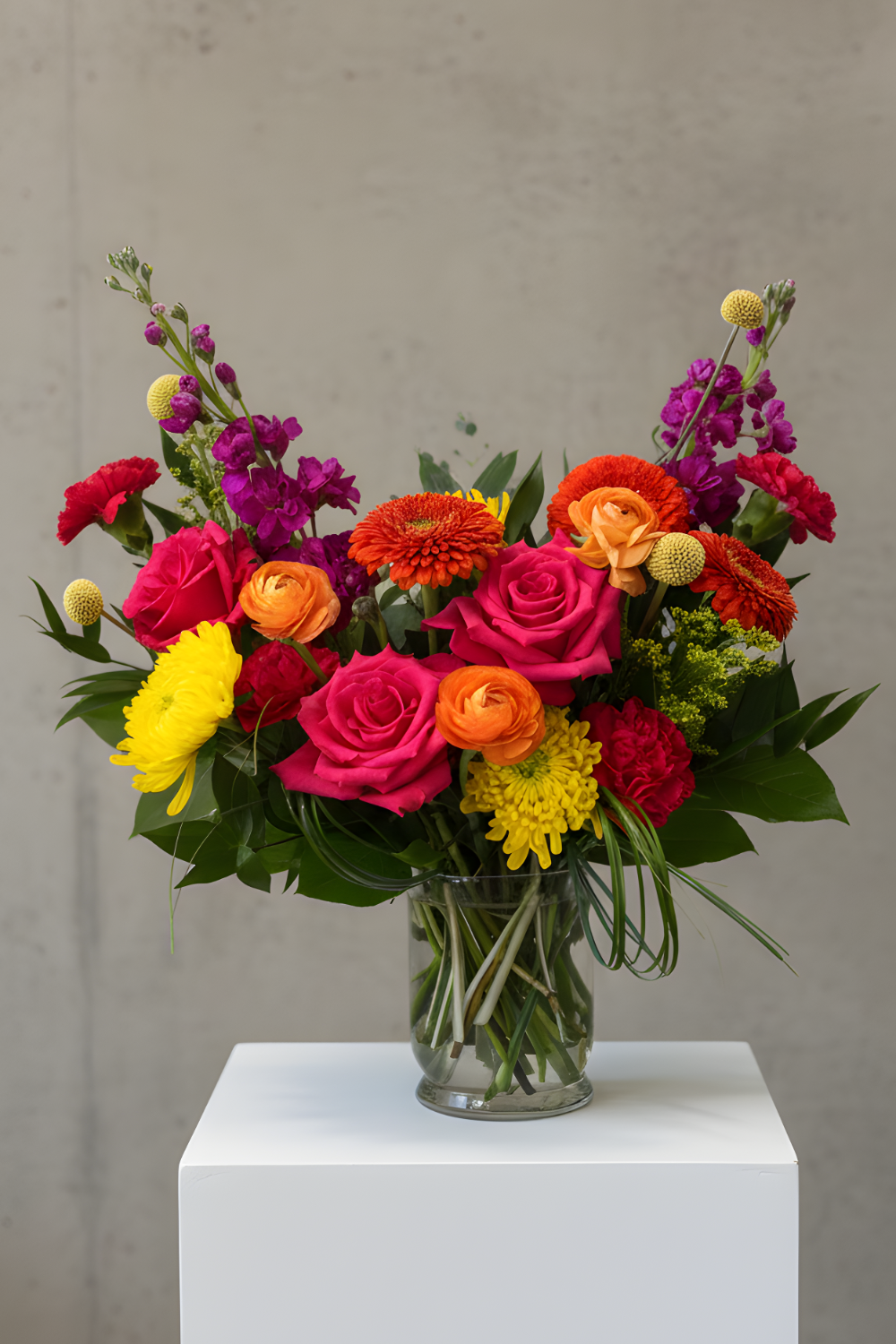 Premium Citrus Pop bouquet overflowing with bright coral, yellow, and pink blooms on pedestal