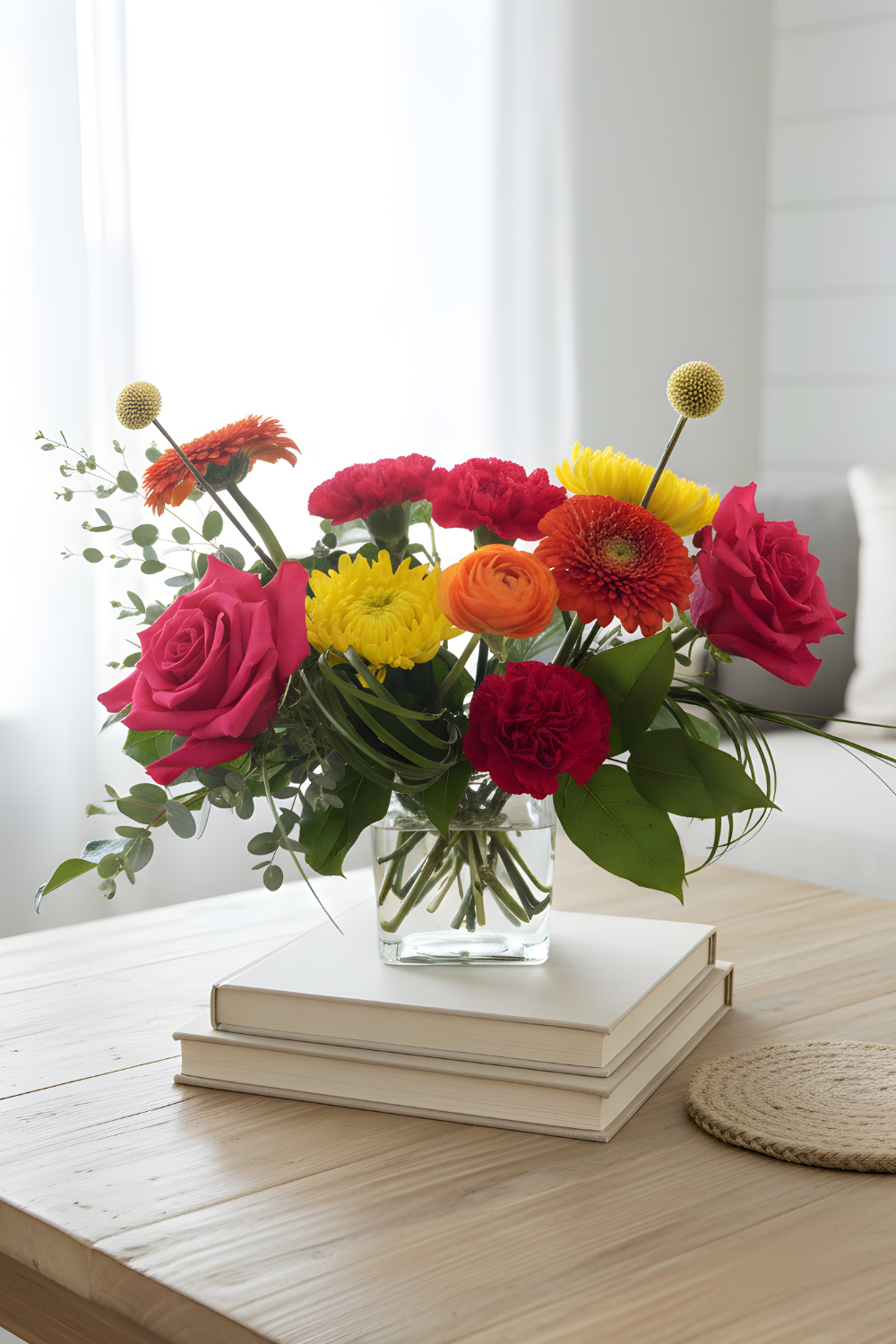 Petite Citrus Pop bouquet overflowing with bright coral, yellow, and pink blooms on table