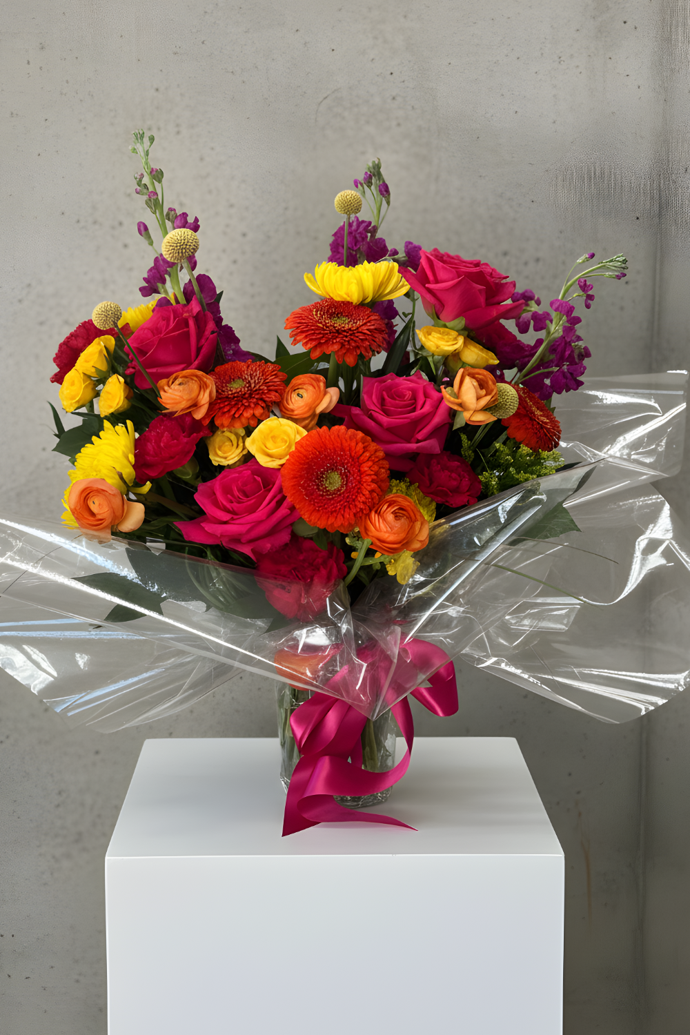 Premium Citrus Pop bouquet overflowing with bright coral, yellow, and pink blooms wrapped in luxury cellophane.