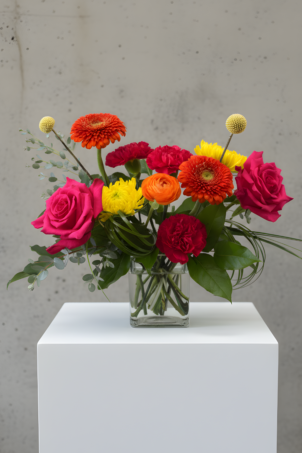 Petite Citrus Pop bouquet overflowing with bright coral, yellow, and pink blooms wrapped in luxury cellophane.