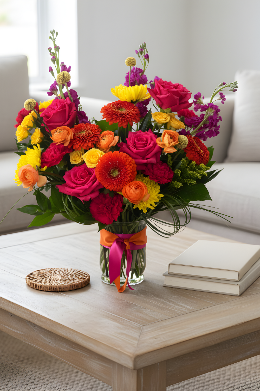 Premium Citrus Pop bouquet displayed on a coffee table with abundant, colorful spring blooms.