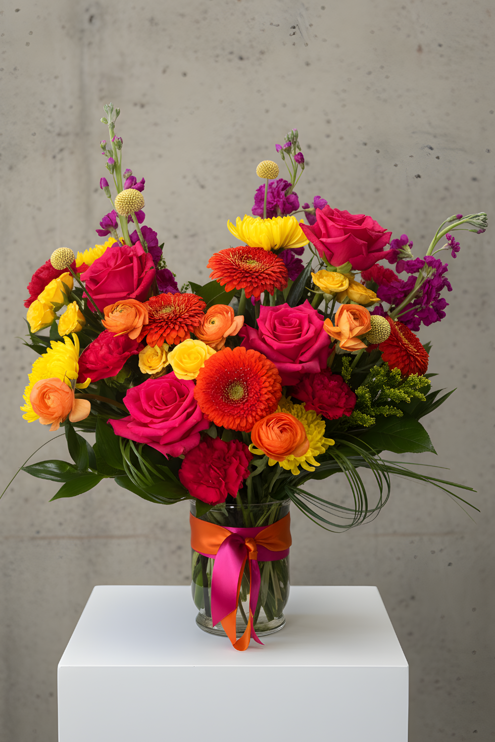 Premium Citrus Pop bouquet overflowing with bright coral, yellow, and pink blooms wrapped in luxury cellophane.