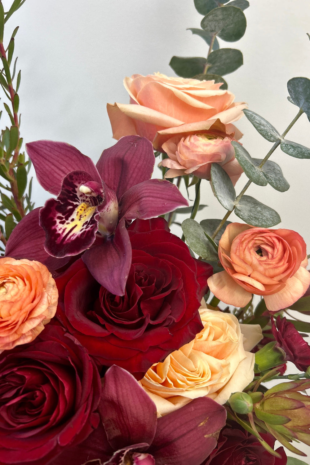 Close‑up of the Blush & Bordeaux Bloom Vase luxe version showing burgundy roses, café latte cremones, peach ranunculus, blush roses, and burgundy foliage orchids