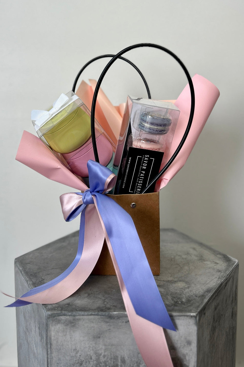 Pastel Springtime Gift gift bag with unicorn macarons, and pastel candle