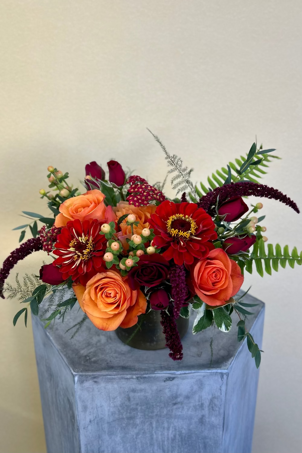 Crimson Gathering Bouquet with roses, amaranthus, zinnias, berries, and autumn foliage in rich orange, burgundy, and red tones