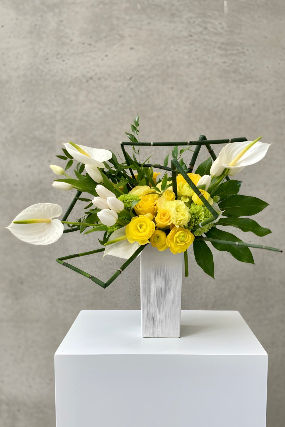 Close‑up of modern designer’s choice bouquet with bold textures and premium blooms