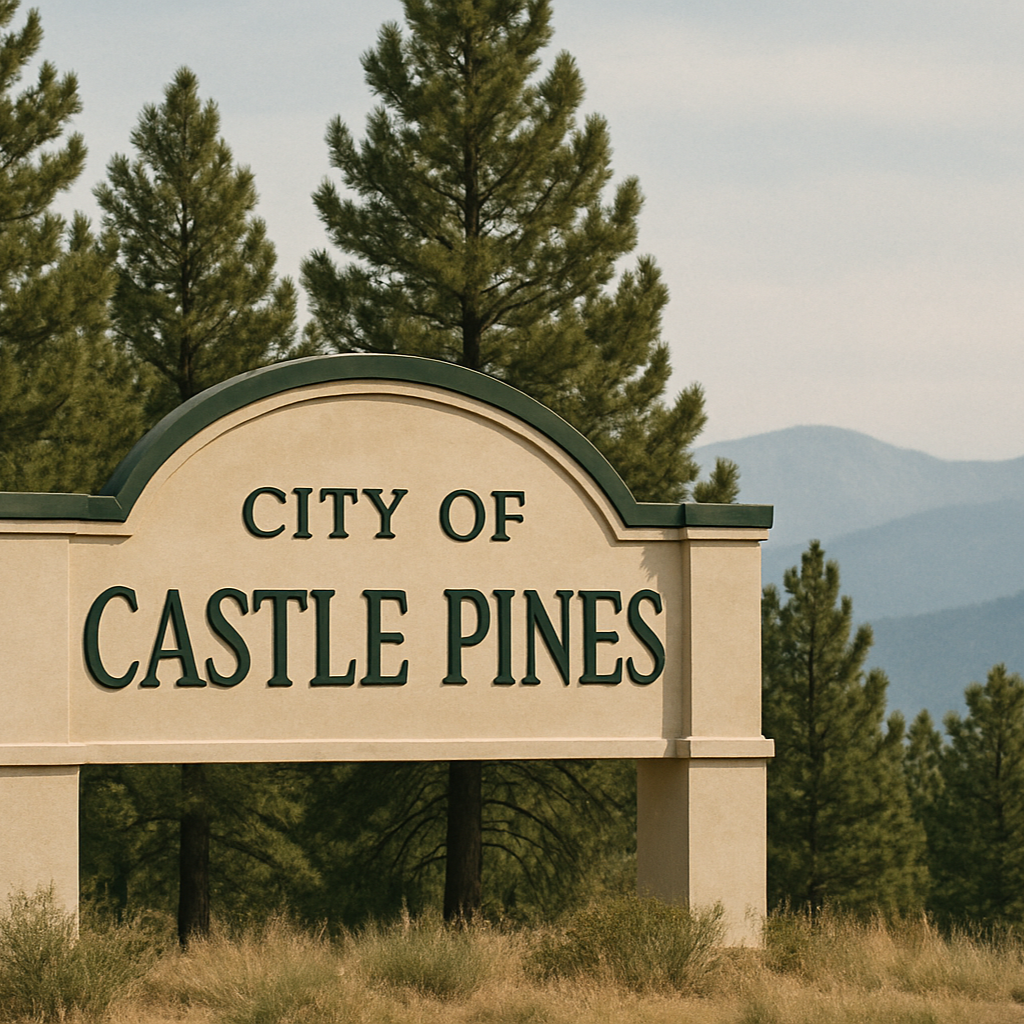 city of castle pines sign in front of evergreen trees and muted rolling mountains in background