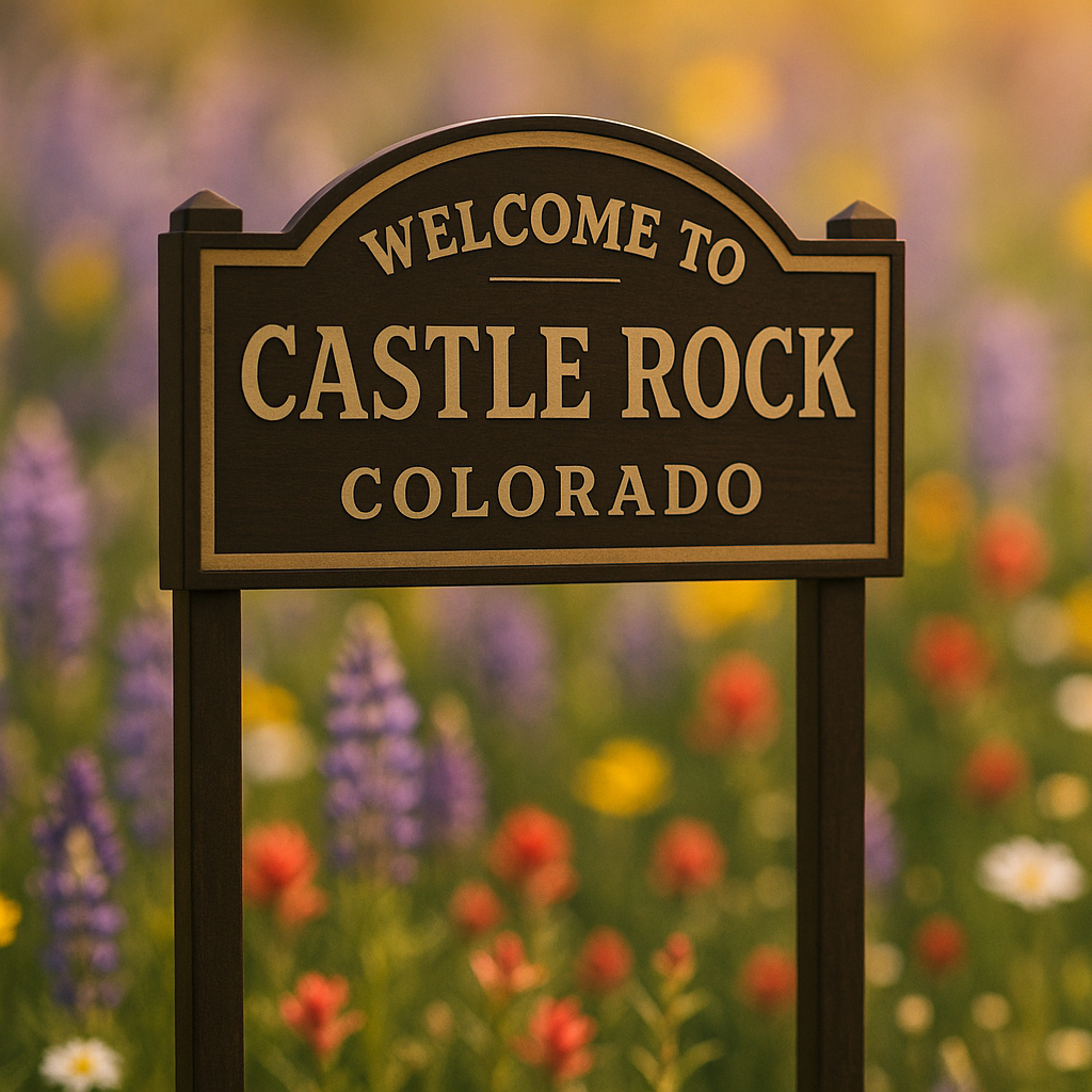 sign of castle rock colorado over soft blurred out field of wildflowers