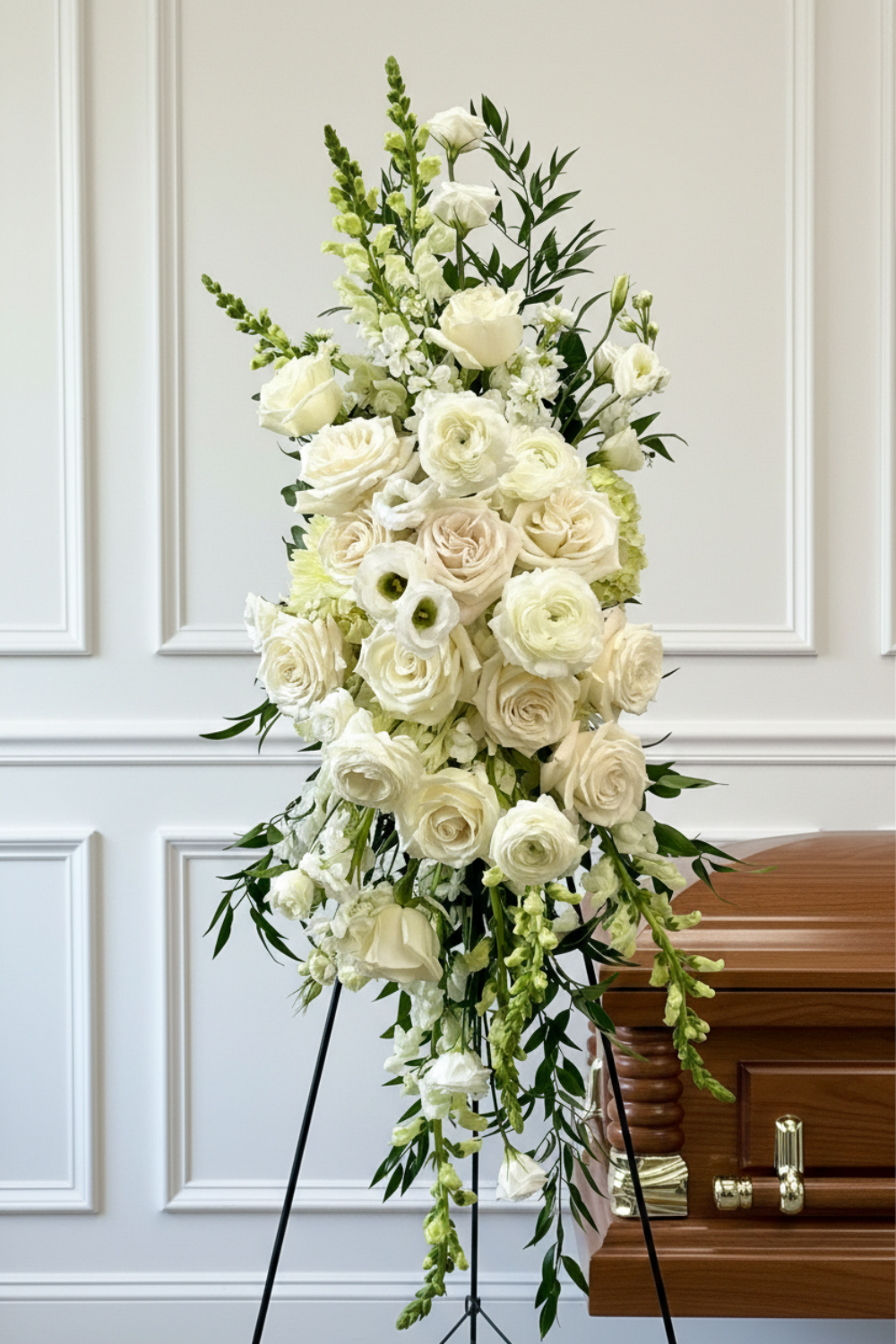 white flowers designed in a standing spray for a funeral pictured next to a casket