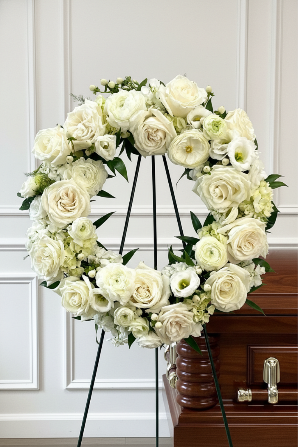 designed white flowers for a funeral in a wreath shape standing on a spray next to a casket