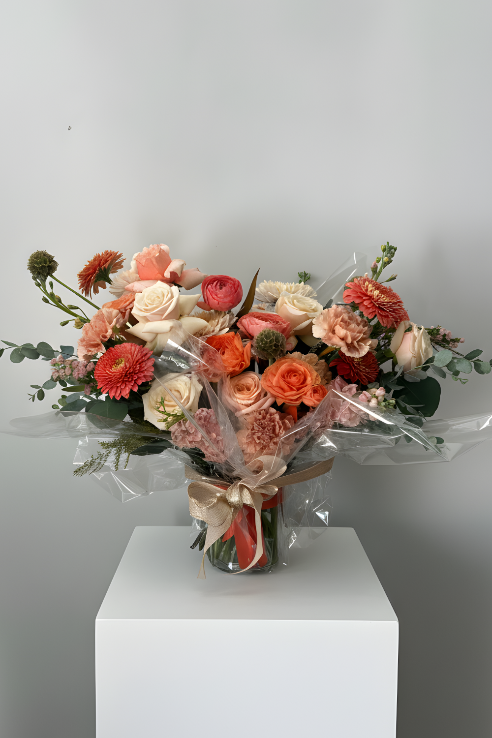  Florist holding the Premium Warm Embrace bouquet with peach, coral, and caramel flowers wrapped for luxury gifting for mother's day 2026