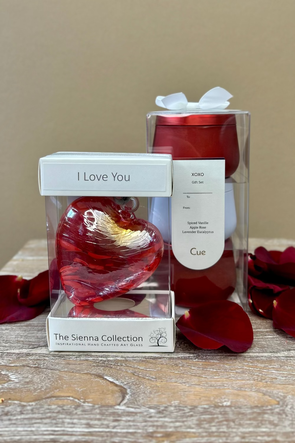 Hearts + Flames Gift Set featuring handcrafted I Love You Glass Heart and Cue Xoxo Candle Gift Set with three tins