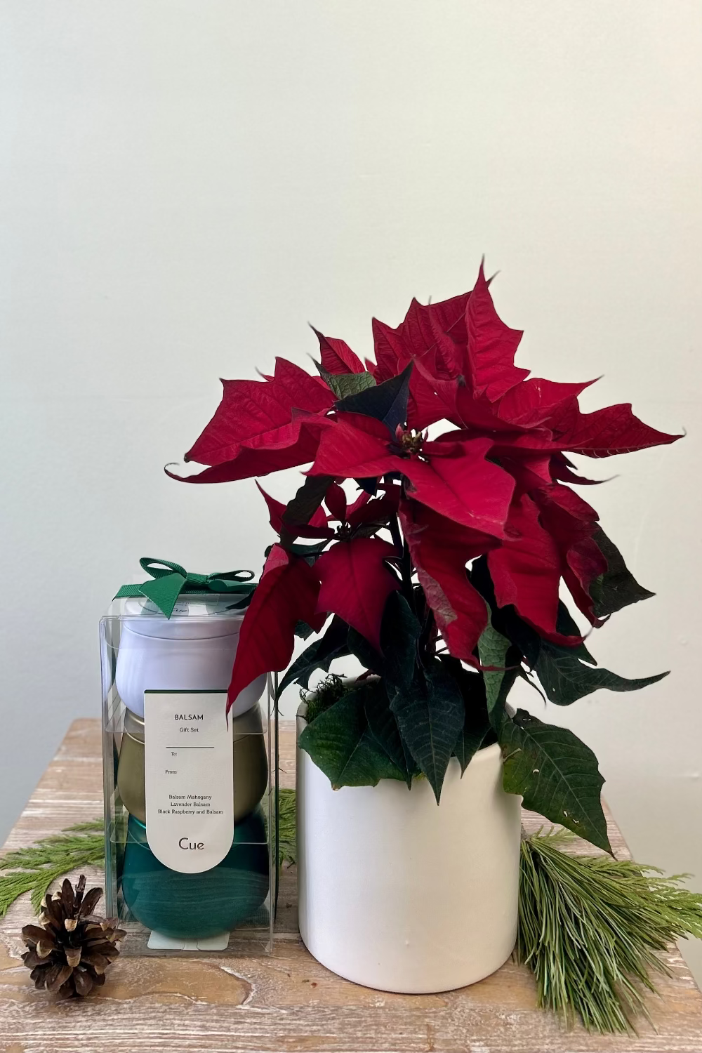 Holiday Radiance Poinsettia Gift Set displayed in festive holiday tablescape with candle trio option
