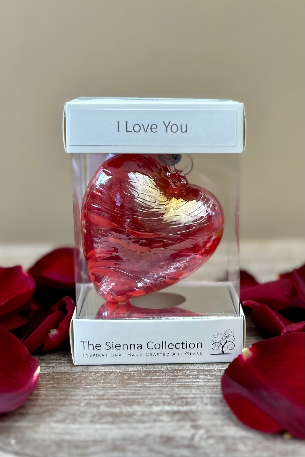 I Love You Glass Heart handcrafted 8cm mouth‑blown glass keepsake in Sienna gift box