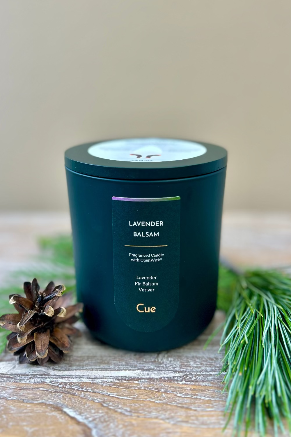 Cue Lavender Balsam Candle with lavender and evergreen fragrance