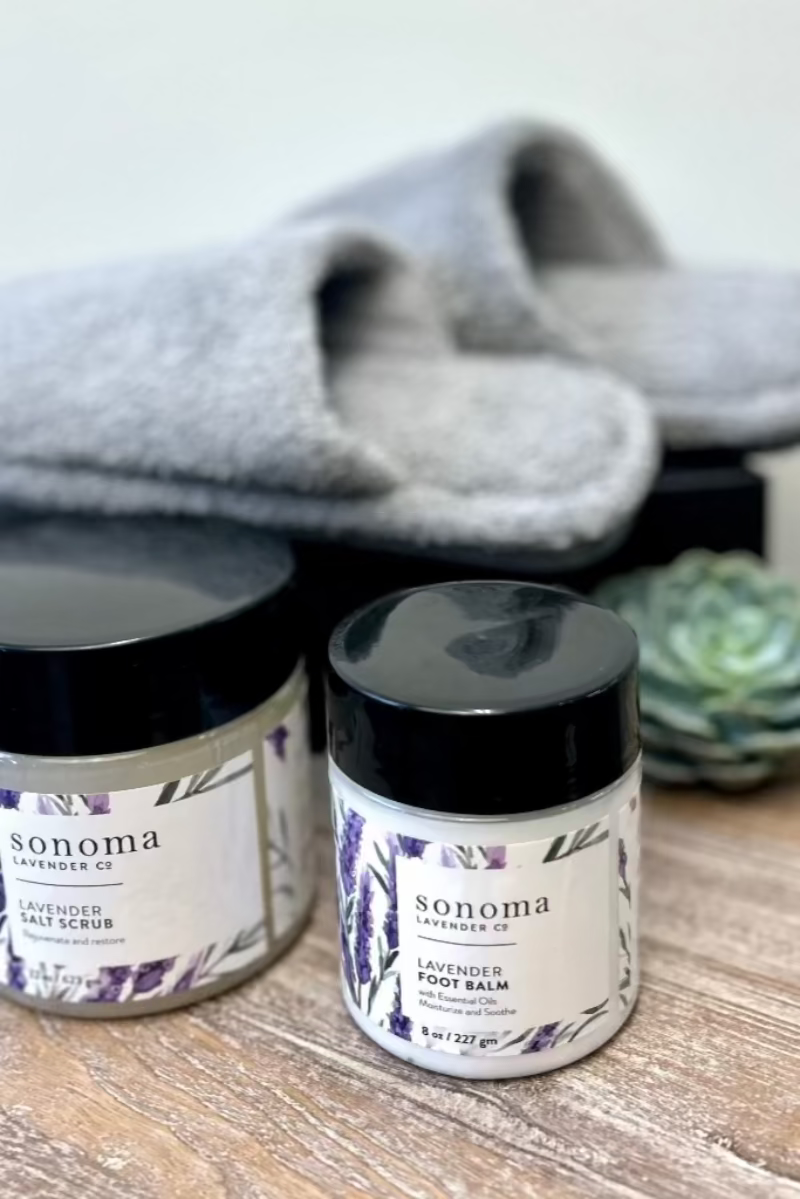 lavender-scented spa products, slippers-perfect for delivery.
