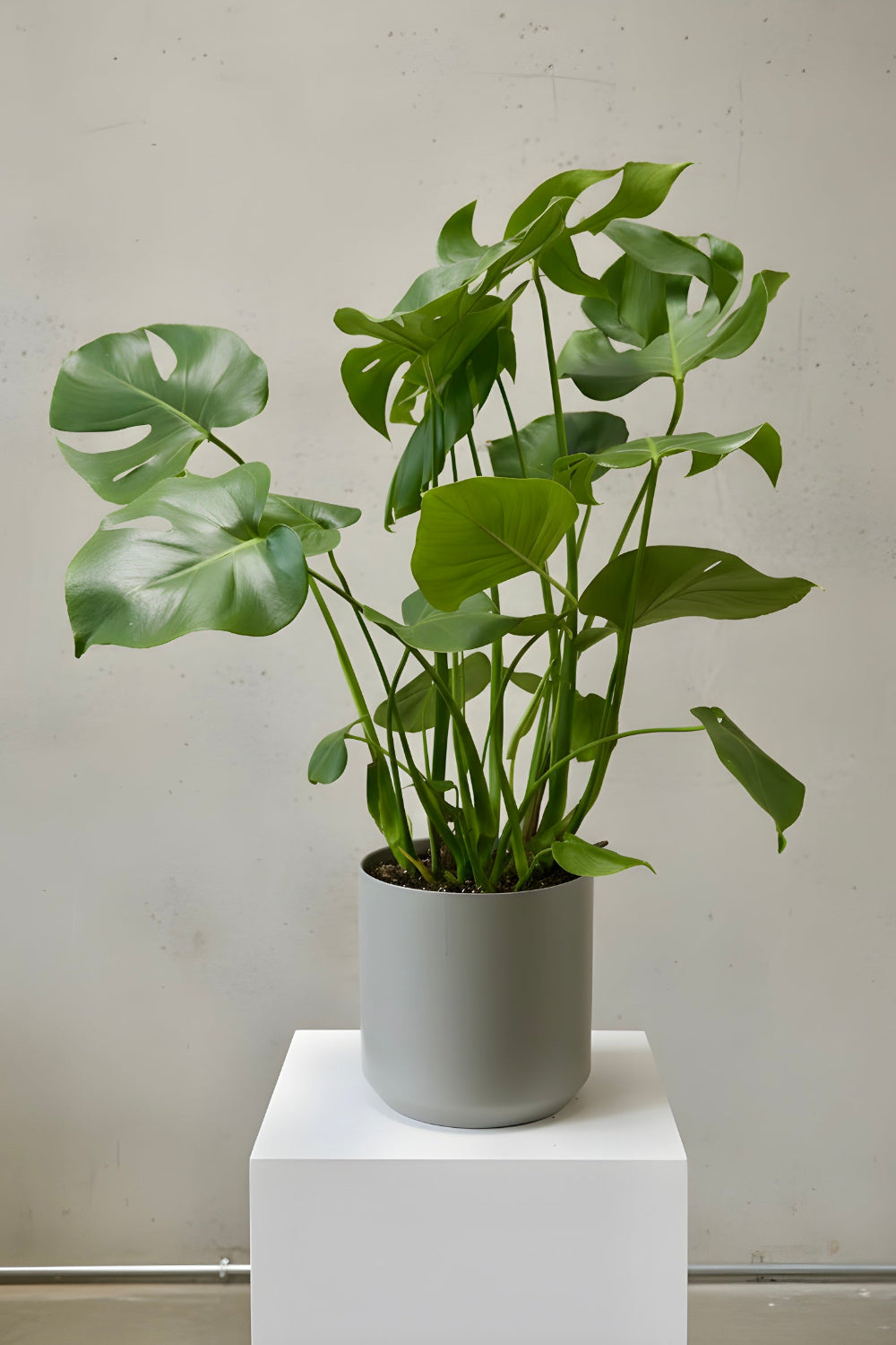 A large Monstera deliciosa floor plant in a modern pot, showcasing its split leaves and bold tropical foliage as a stylish indoor décor piece.