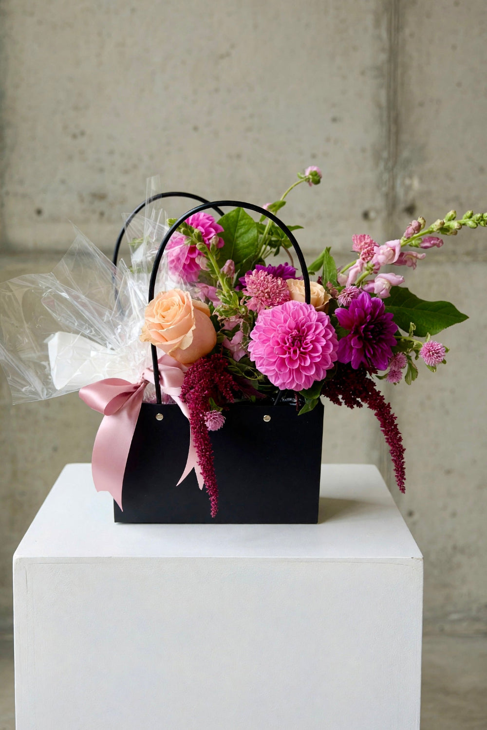 Mulberry Meadow Set gift bag with seasonal bouquet and Apple Rose candle, ready for gifting"

