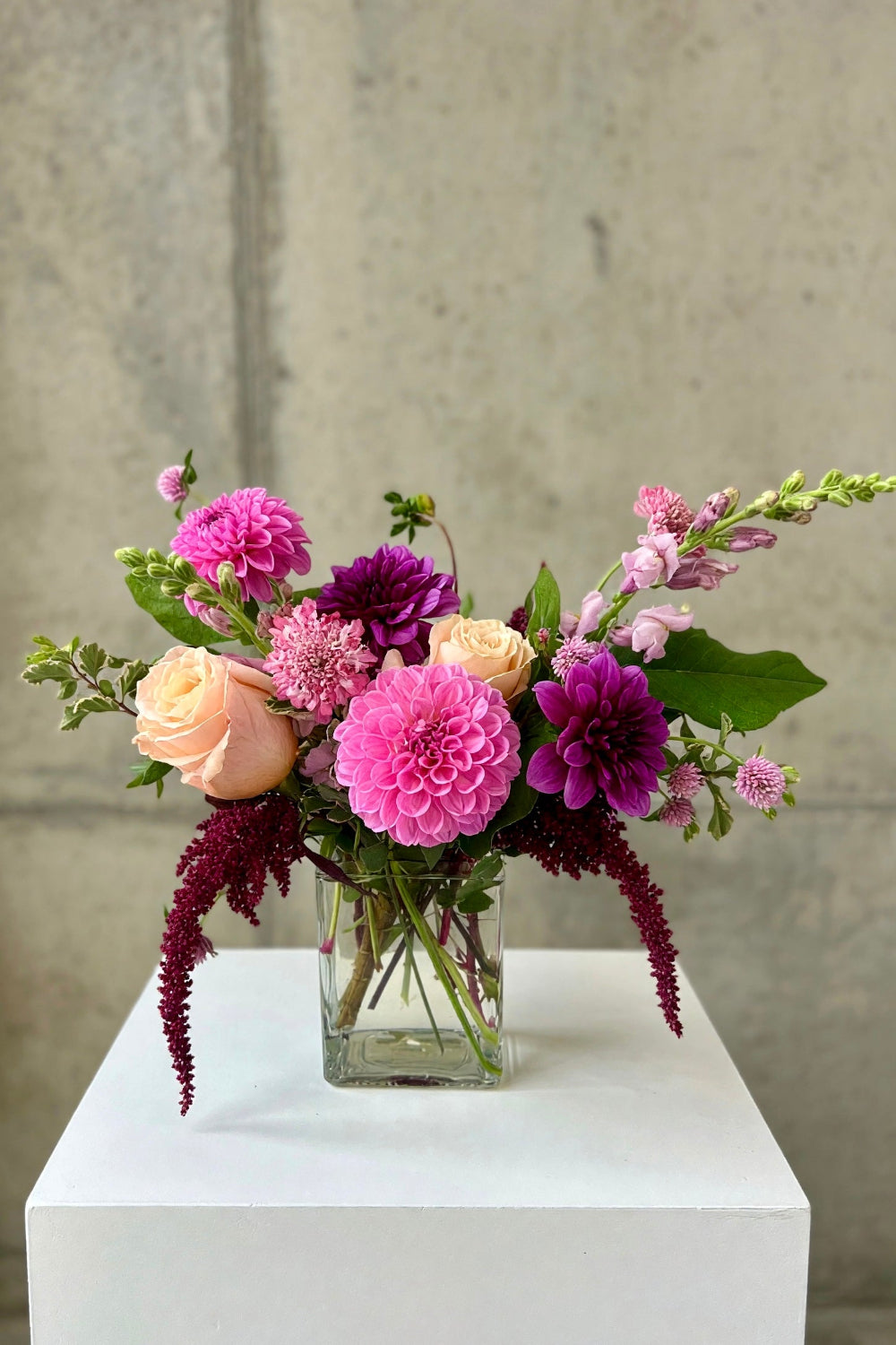 Pink, purple, and burgundy seasonal bouquet with fresh foliage from the Mulberry Meadow Set