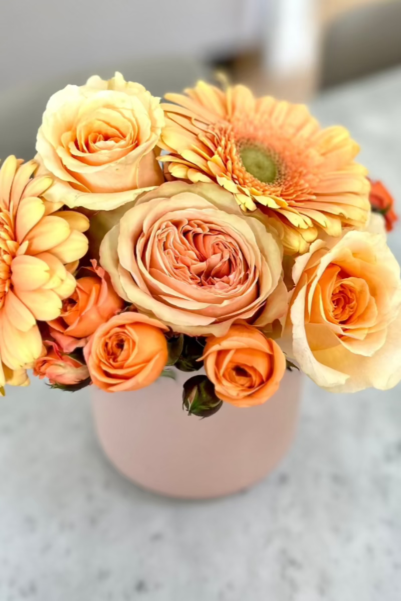 close up image of roses, gerbera daisies on kitchen counter