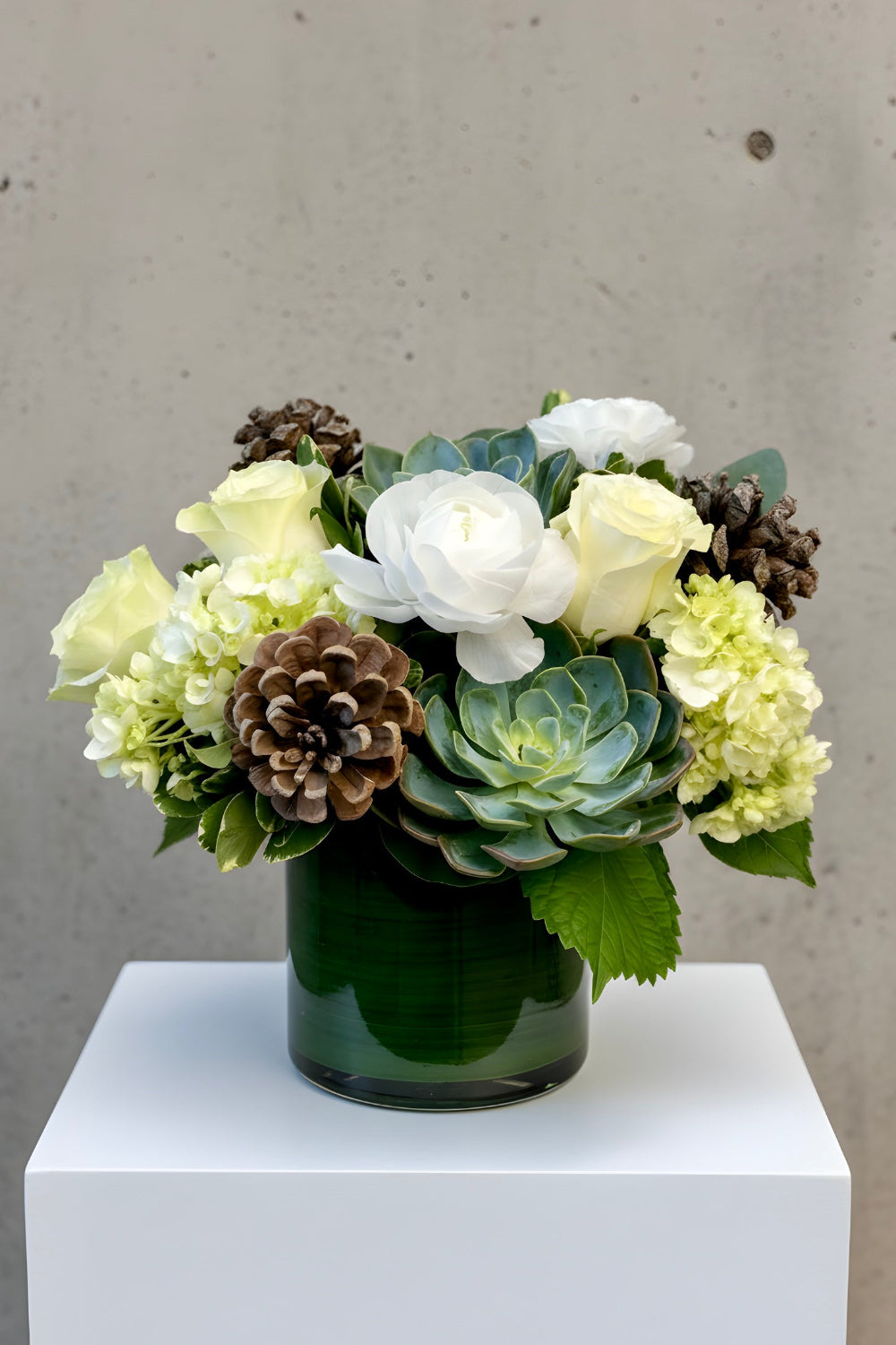 Pinecones and Evergreens arrangement featuring fresh evergreens, natural pinecones, and seasonal greenery in a modern winter floral design.