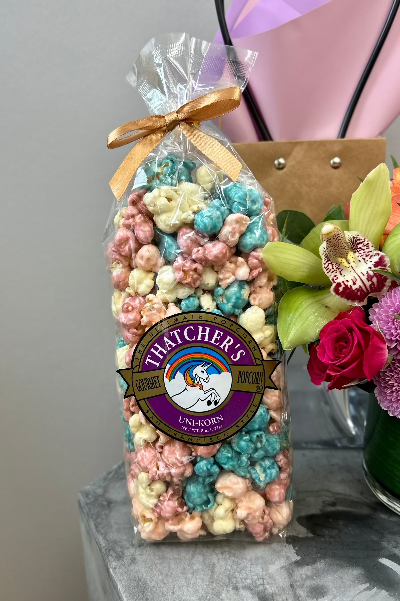 Close-up of Thatcher&#39;s Uni-Korn candy popcorn in gift bag