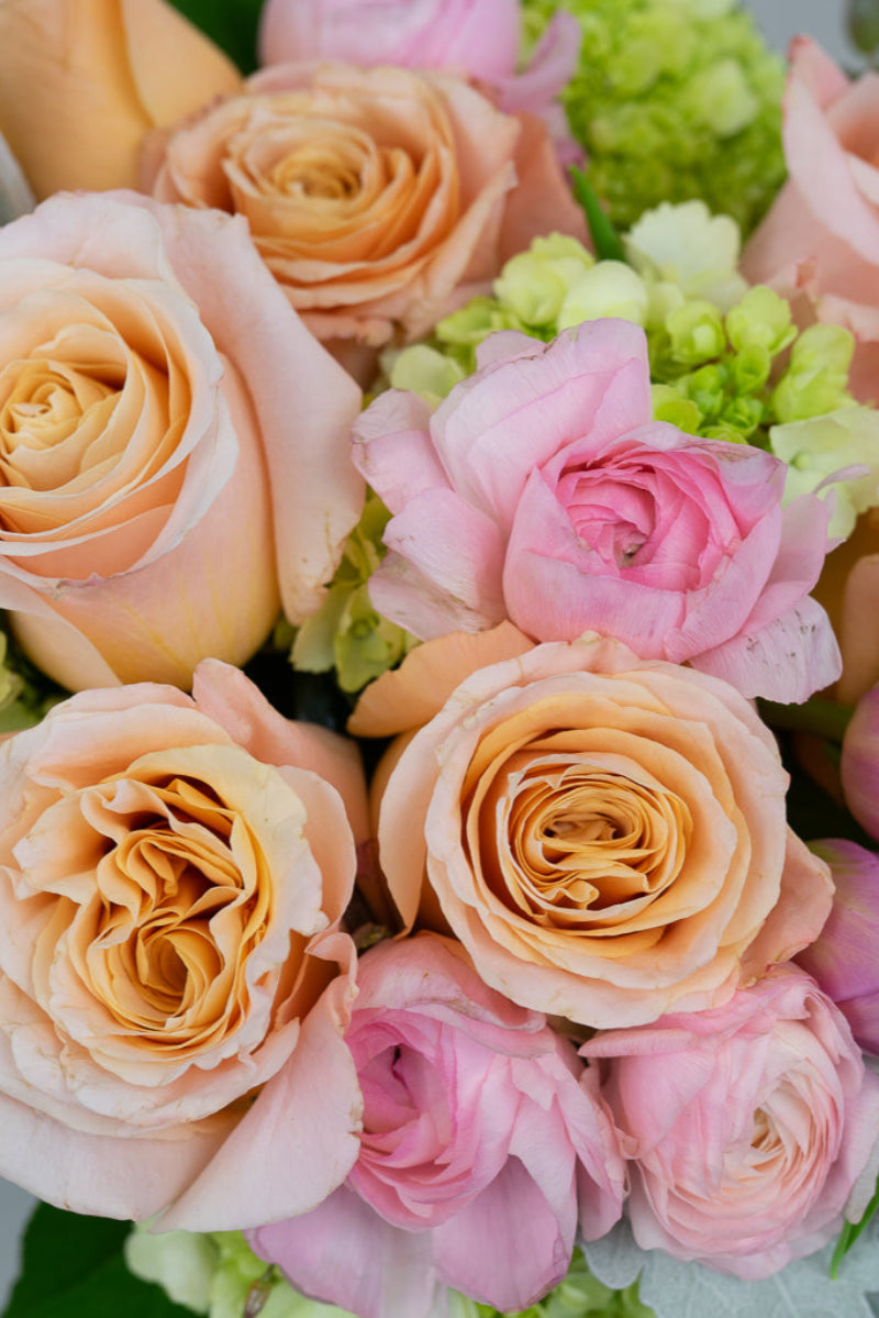 A medium-stemmed bouquet of pink roses, hydrangea, ranunculus, and orchids arranged in a clear glass vase against a neutral background.