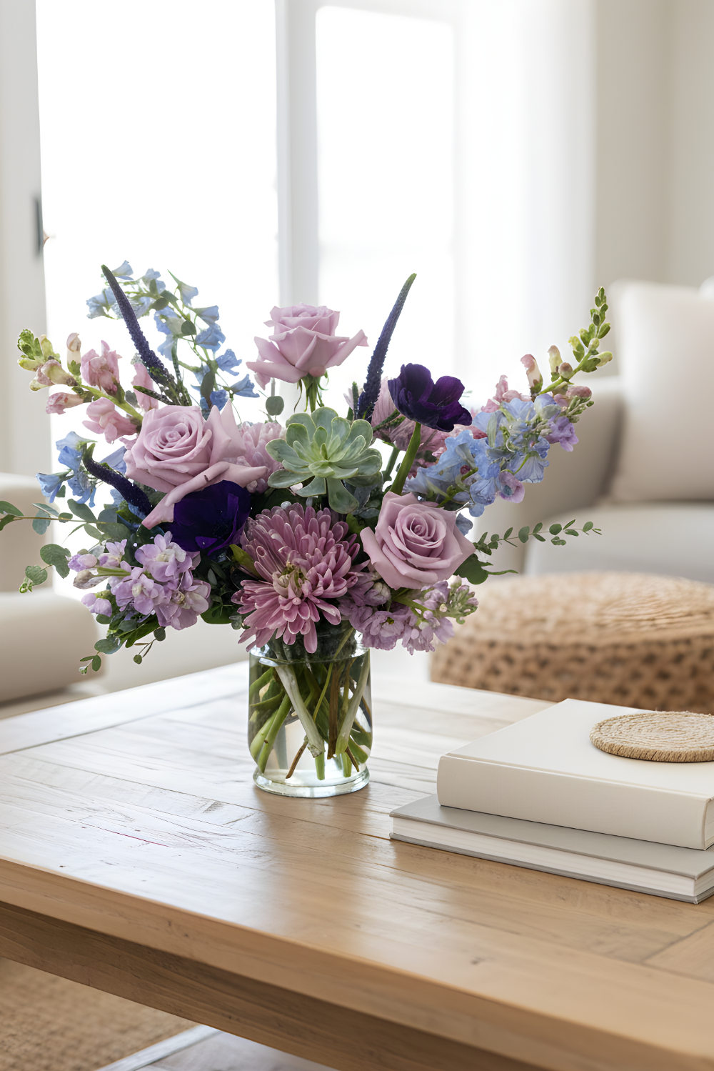 Classic Sanctuary Pastels bouquet featuring pastel roses, stock, and lisianthus in a full, airy spring arrangement on coffee table