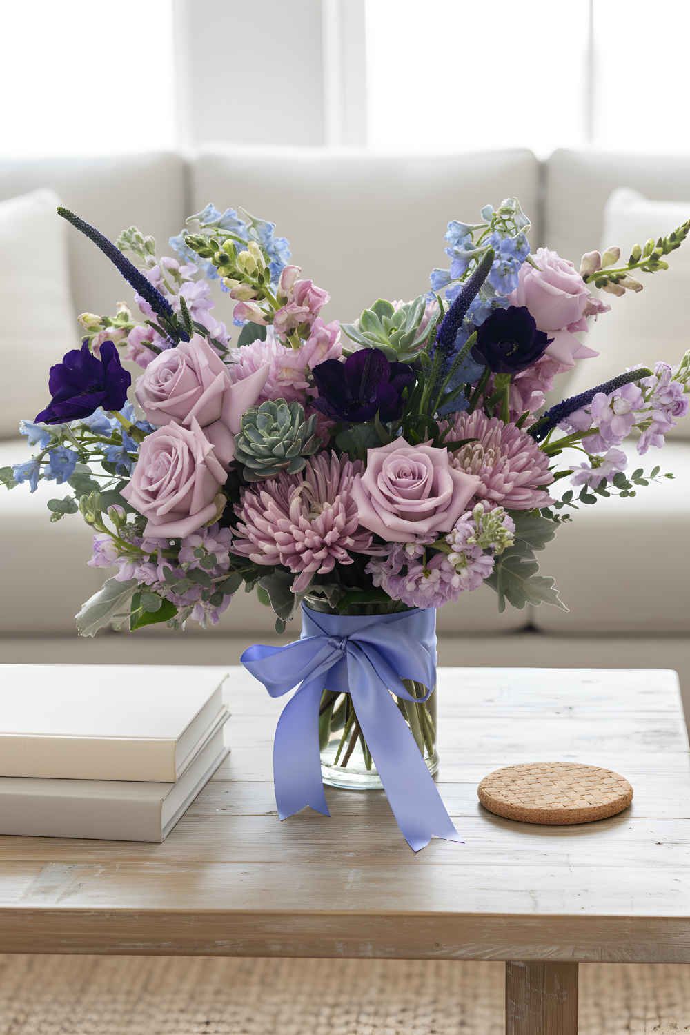 Premium Sanctuary Pastels bouquet with lush pastel blooms, added premium stems, on coffee table