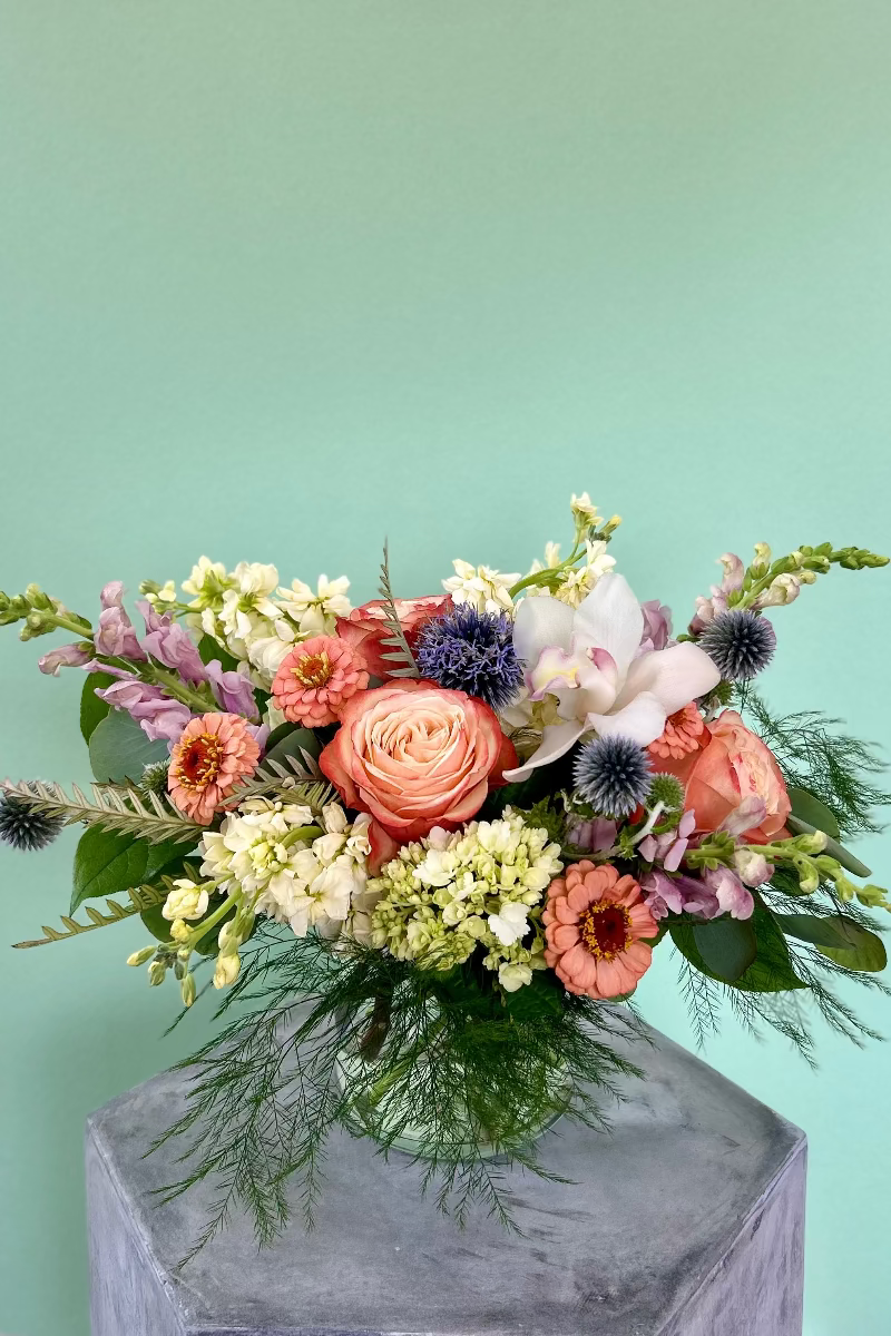 Luxury pastel bouquet with roses, lisianthus, and hydrangea for Castle Pines delivery