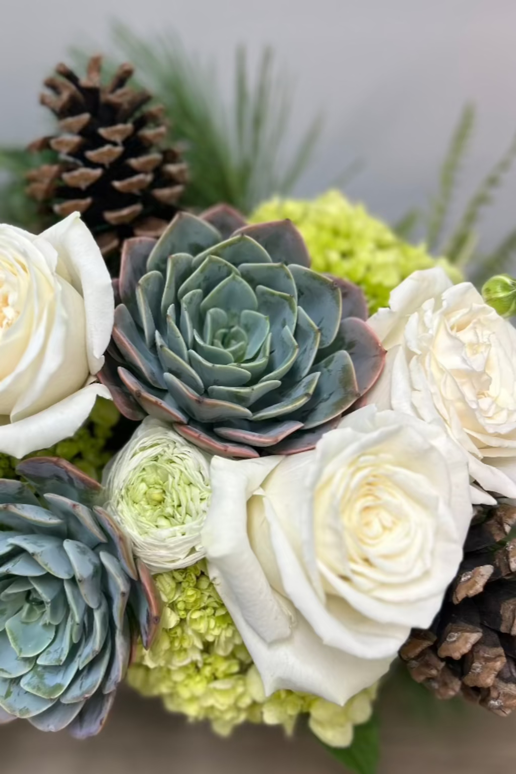 neutral flower bouquet with roses succulents pine cones evergreens hydrangea perfect for winter or holiday delivery in lone tree and castle pines the flower fix