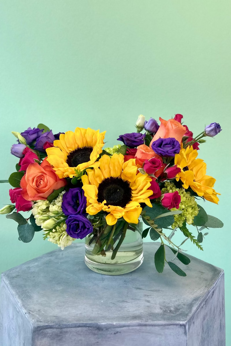 Luxury bright designer bouquet with roses, zinnias, and lisianthus for Castle Pines delivery