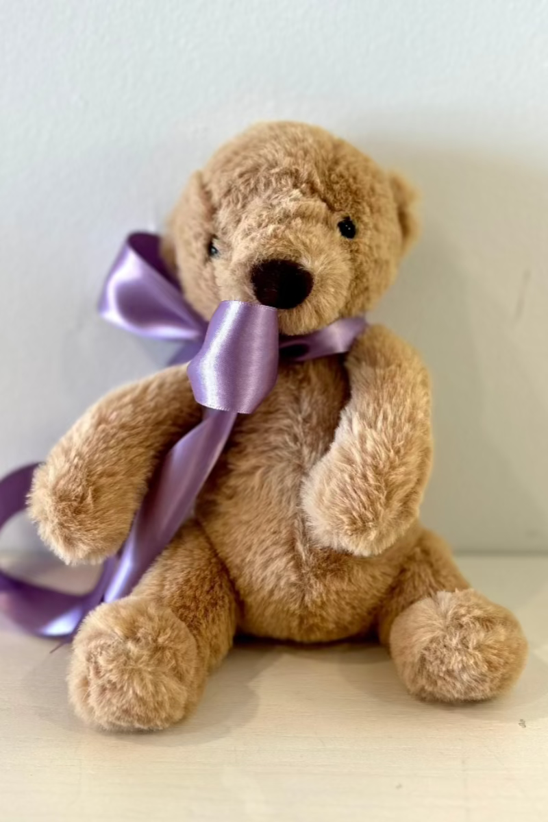 light-brown-teddy-bear-lavender-ribbon