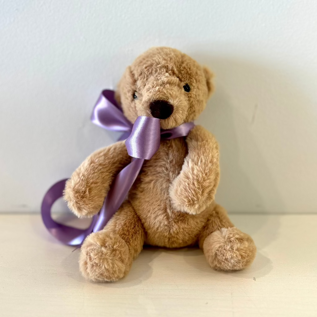 light-brown-teddy-bear-lavender-ribbon