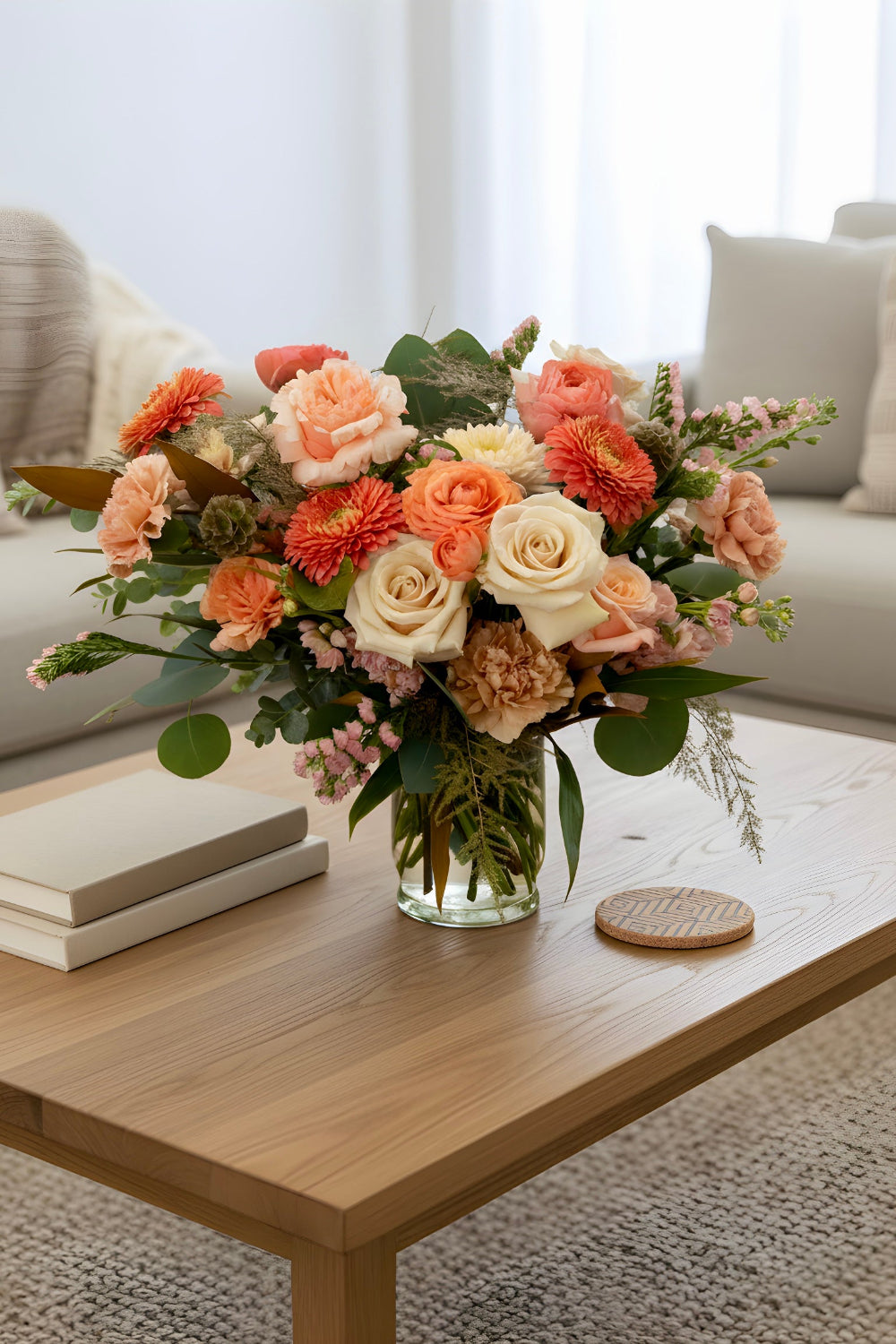 Classic Warm Embrace bouquet styled on a living room coffee table