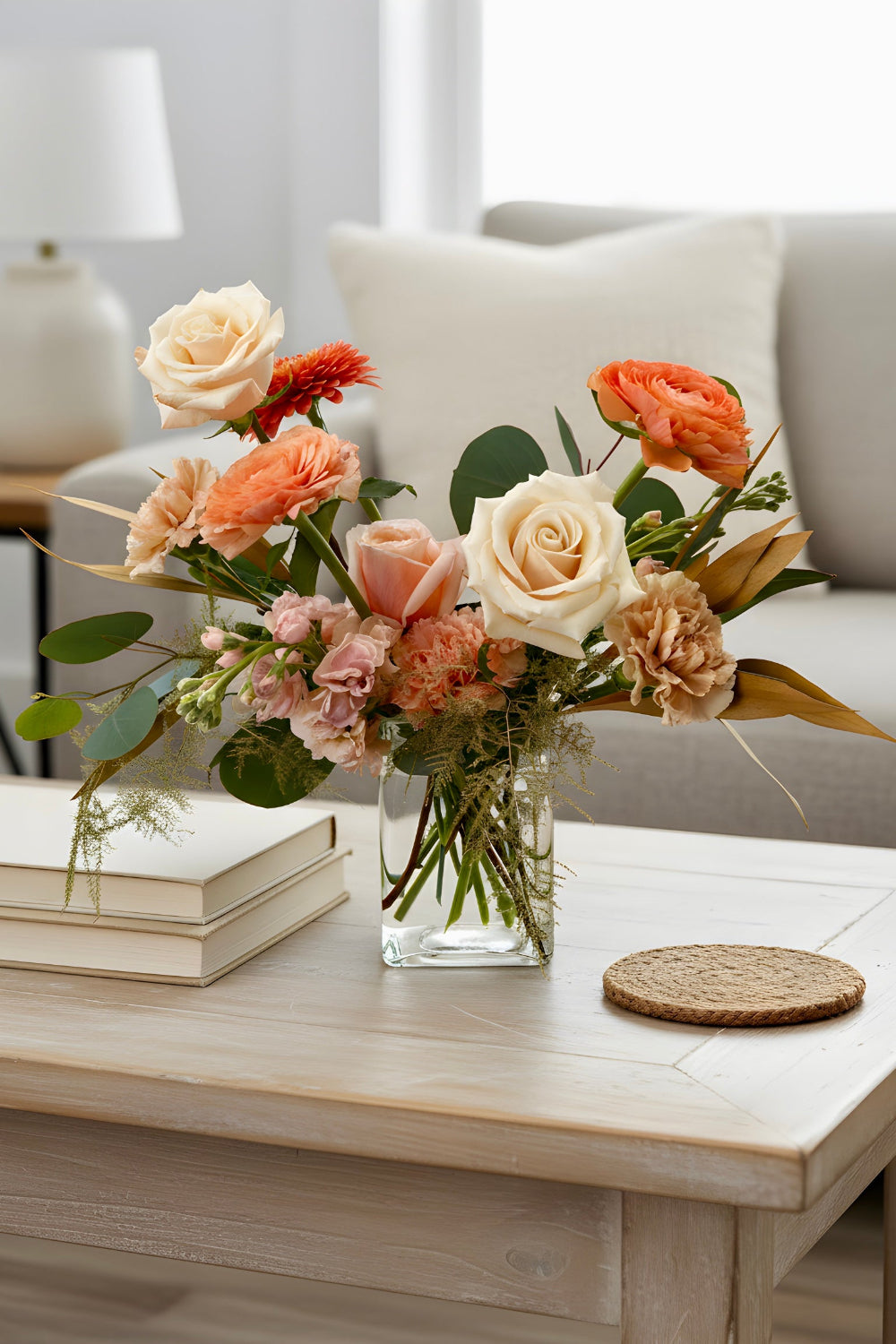 Petite Warm Embrace floral arrangement displayed on a coffee table