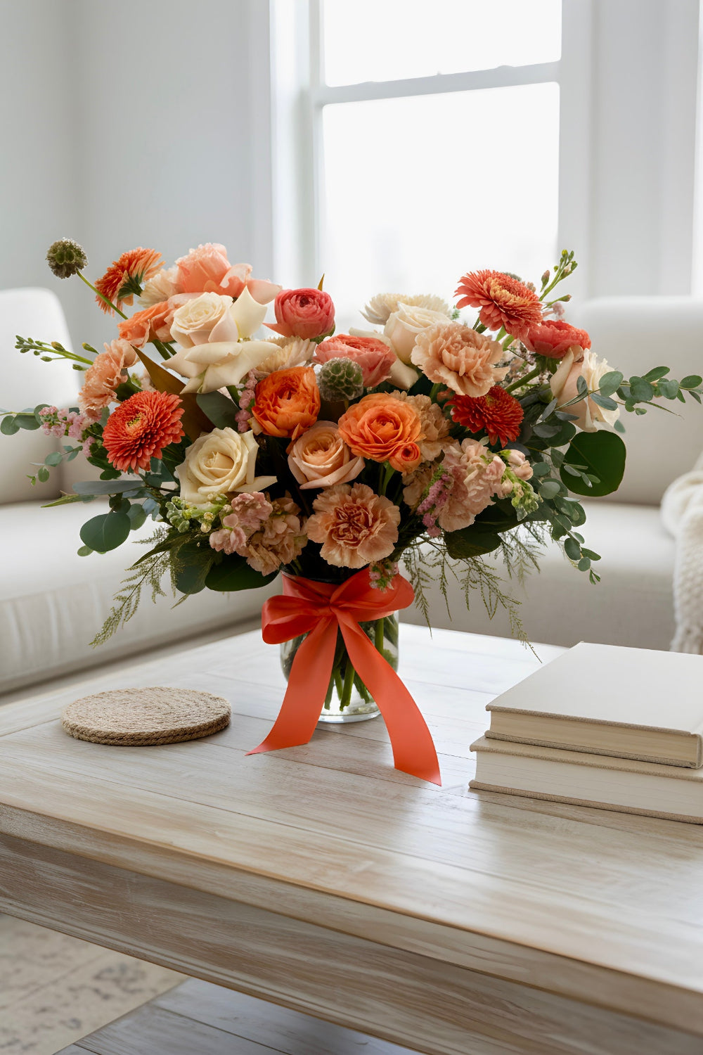 Premium Warm Embrace floral arrangement displayed on a coffee table with elegant wrapping