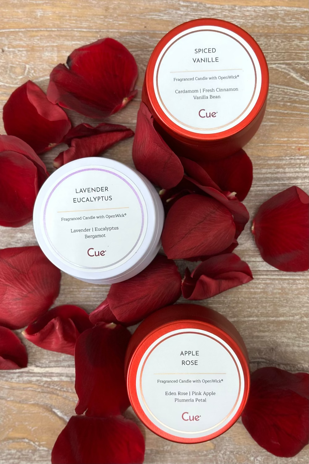 Trio of Cue candles from Xoxo Candle Gift Set including Spiced Vanille, Apple Rose, and Lavender Eucalyptus