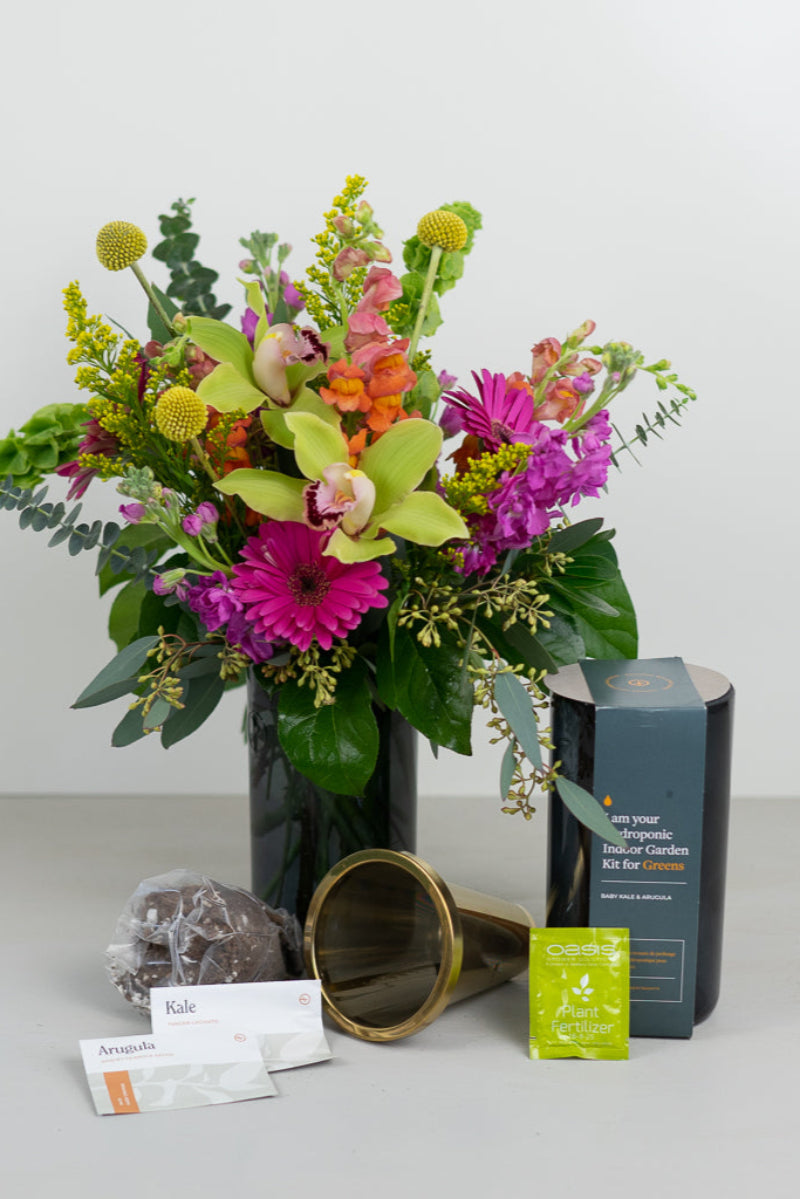 garden and grow kit with fresh flower arrangement
