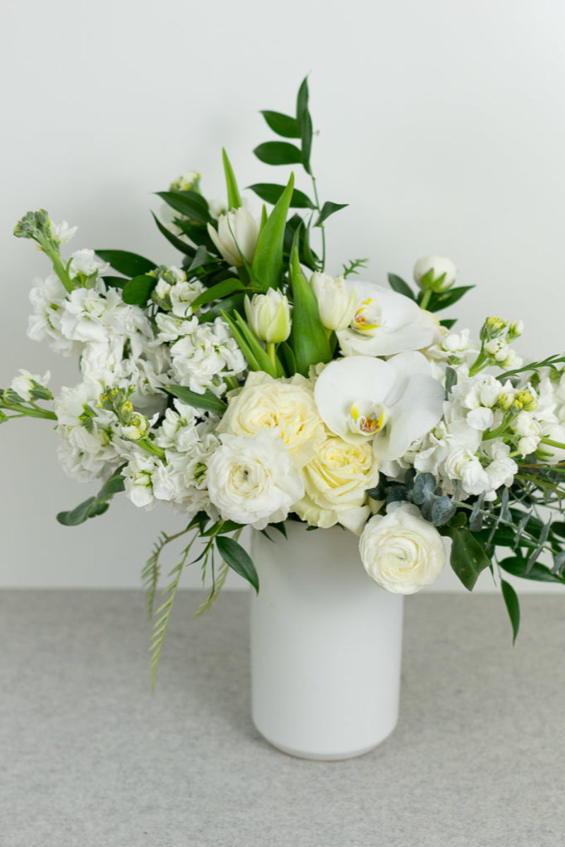 large premium bouquet with white flowers orchids roses stock ranunculus 