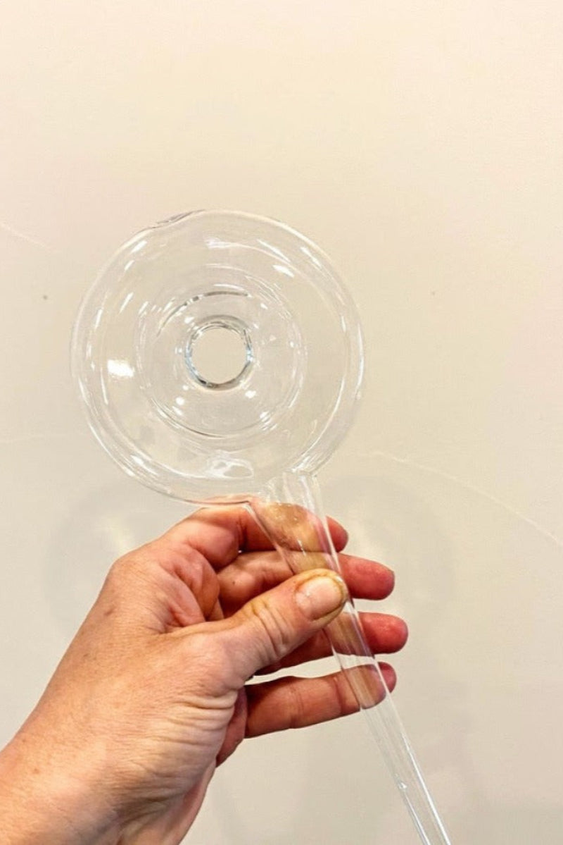 hand holding glass watering stick for green plants